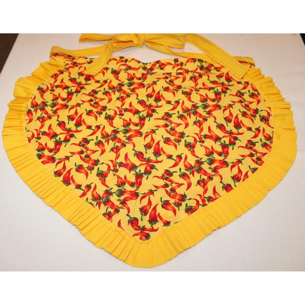 vintage style handmade half apron yellow red chili peppers ruffle pocket OS